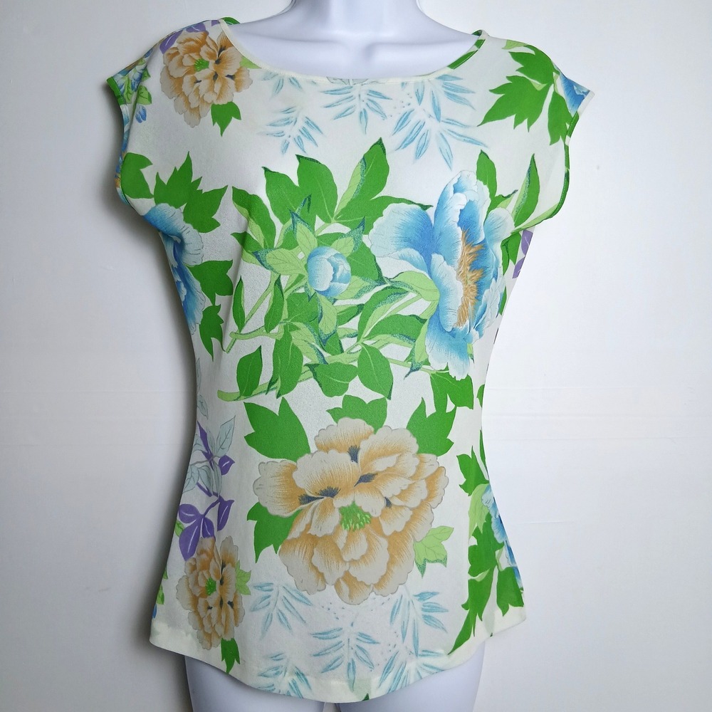Kenzo Paris Vintage Floral Sleeveless Blouse White Blue‎ Green Made in France 40